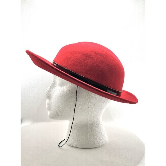 LANCASTER 100% Wool RED Hat With Feathers Black Patent Trim Made in USA - Picture 3 of 7
